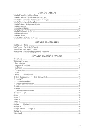 6
LISTA DE TABELAS
Tabela 1 Versões do Game Bible .................................................................................................. 7
Tabela 2 Versões Gerenciamento do Projeto...........................................................................11
Tabela 3 Documentos Padronizados do Projeto.....................................................................12
Tabela 4 Definição de Funções ...................................................................................................14
Tabela 5 Matriz de Rastreabilidade............................................................................................16
Tabela 6 Escopo.............................................................................................................................20
Tabela 7Millestones.......................................................................................................................22
Tabela 8 Relatório de Sprints.......................................................................................................27
Tabela 9 Recursos .........................................................................................................................29
Tabela 10 Custo .............................................................................................................................30
Tabela 11 Custo Total do Projeto ...............................................................................................31
LISTA DE PRINTSCREEN
PrintScreen 1 Trello .......................................................................................................................20
PrintScreen 2 Controle de Sprint.................................................................................................21
PrintScreen 3 Facebook Orbital...................................................................................................33
PrintScreen 4 Relatório Engajamento Facebook .....................................................................34
LISTA DE IMAGENS AUTORAIS
1Level Map ......................................................................................................................................81
2Rotas de Inimigos......................................................................................................................122
3 Tela Principal .............................................................................................................................125
4 Registro de Missões.................................................................................................................126
5 Inventário....................................................................................................................................126
6 Personagem...............................................................................................................................127
7 Skills ............................................................................................................................................127
8 Arma 9 Armadura...........................................................................................................128
10 Item Componente 11 Item Consumível..........................................................................128
12 Loja NPC...................................................................................................................................129
13 Conversa com NPC................................................................................................................129
14 Criação de Personagem........................................................................................................130
15 ESC............................................................................................................................................130
16 Ajuda .........................................................................................................................................131
17 Selecionar Personagem ........................................................................................................131
18 Tela de Login ...........................................................................................................................132
Jinmu 1 ..........................................................................................................................................133
Jinmu 2 ..........................................................................................................................................133
Jinmu 3 ..........................................................................................................................................134
Jinmu 4 ..........................................................................................................................................134
Skalgar 1 Skalgar 2 ................................................................................................................135
Skalgar 3 ........................................................................................................................................136
Skalgar 4 Arma Skalgar 5......................................................................................................136
Skalgar 6 ........................................................................................................................................136
Vulperian 1.....................................................................................................................................135
 