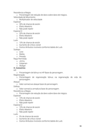 98
Resistência a Magia:
o Porcentagem de redução de dano sobre dano de mágico.
Velocidade de Movimento:
o Multiplicador de velocidade
Especial:
o 30% de chance de existir.
o Efeito Aleatório
o Não pode repetir
Especial 2:
o 20% de chance de existir
o Efeito Aleatório
o Não pode repetir
Luck:
o 10% de chance de existir
o Aumento de crítico visível
o Outros Atributos invisíveis conforme tabela de Luck
Subtipo:
o Leve
o Media
o Pesada
Raça Permitida:
o Jinmu
o Vulperian
o Skalgar
III. Acessórios
HP:
o Porcentagem de bônus no HP Base do personagem.
Regeneração:
o Porcentagem de regeneração bônus na regeneração de vida do
personagem.
Ataque:
o Valor somará ao ataque base do personagem.
Defesa:
o Valor somará a armadura base do personagem.
Resistência a Magia:
o Porcentagem de redução de dano sobre dano de mágico.
Especial:
o 10% de chance de existir.
o Efeito Aleatório
o Não pode repetir
Especial 2:
o 10% de chance de existir
o Efeito Aleatório
o Não pode repetir
Luck:
o 5% de chance de existir
o Aumento de crítico visível
o Outros Atributos invisíveis conforme tabela de Luck
 