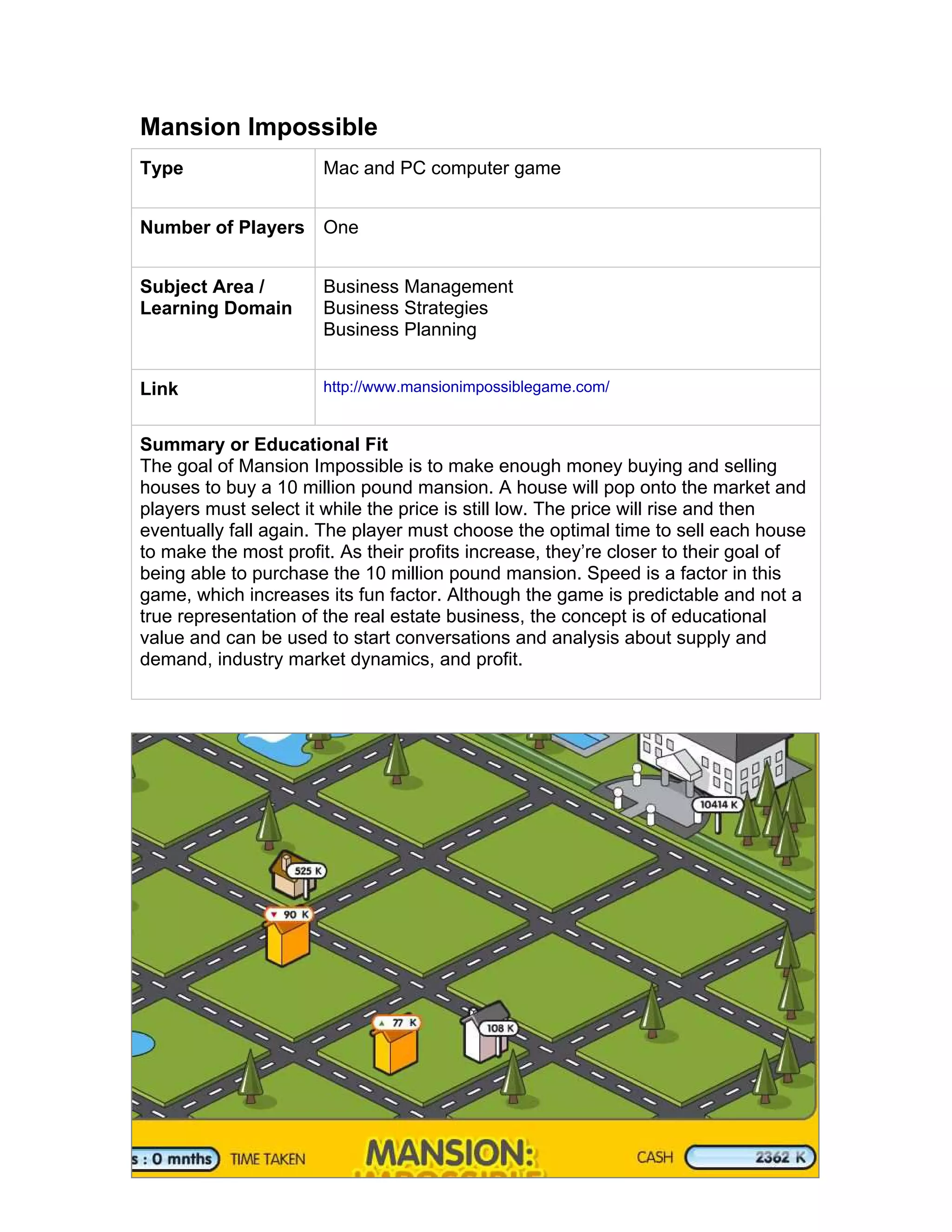 15
Mansion Impossible
Type Mac and PC computer game
Number of Players One
Subject Area /
Learning Domain
Business Management
Business Strategies
Business Planning
Link http://www.mansionimpossiblegame.com/
Summary or Educational Fit
The goal of Mansion Impossible is to make enough money buying and selling
houses to buy a 10 million pound mansion. A house will pop onto the market and
players must select it while the price is still low. The price will rise and then
eventually fall again. The player must choose the optimal time to sell each house
to make the most profit. As their profits increase, they’re closer to their goal of
being able to purchase the 10 million pound mansion. Speed is a factor in this
game, which increases its fun factor. Although the game is predictable and not a
true representation of the real estate business, the concept is of educational
value and can be used to start conversations and analysis about supply and
demand, industry market dynamics, and profit.
 
