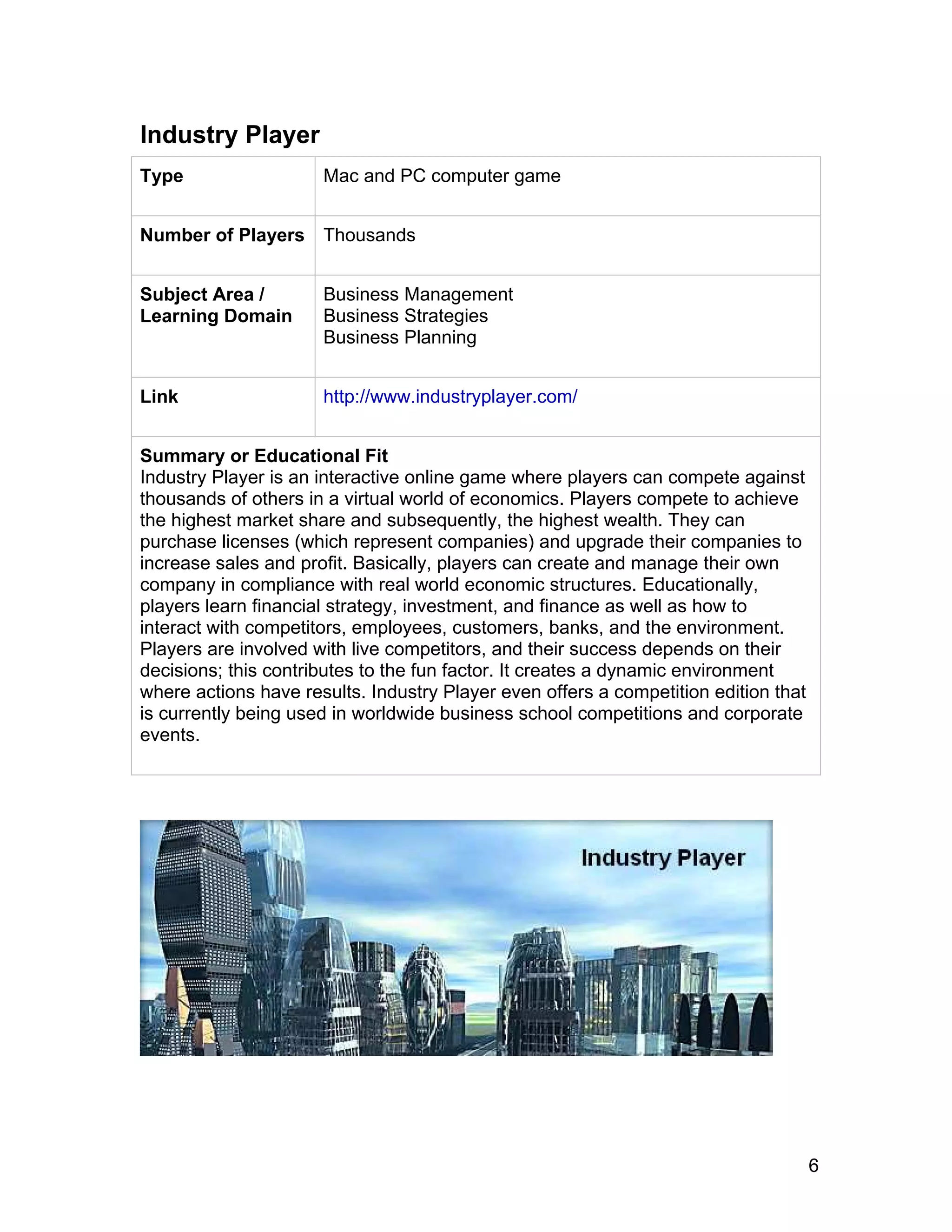 6
Industry Player
Type Mac and PC computer game
Number of Players Thousands
Subject Area /
Learning Domain
Business Management
Business Strategies
Business Planning
Link http://www.industryplayer.com/
Summary or Educational Fit
Industry Player is an interactive online game where players can compete against
thousands of others in a virtual world of economics. Players compete to achieve
the highest market share and subsequently, the highest wealth. They can
purchase licenses (which represent companies) and upgrade their companies to
increase sales and profit. Basically, players can create and manage their own
company in compliance with real world economic structures. Educationally,
players learn financial strategy, investment, and finance as well as how to
interact with competitors, employees, customers, banks, and the environment.
Players are involved with live competitors, and their success depends on their
decisions; this contributes to the fun factor. It creates a dynamic environment
where actions have results. Industry Player even offers a competition edition that
is currently being used in worldwide business school competitions and corporate
events.
 