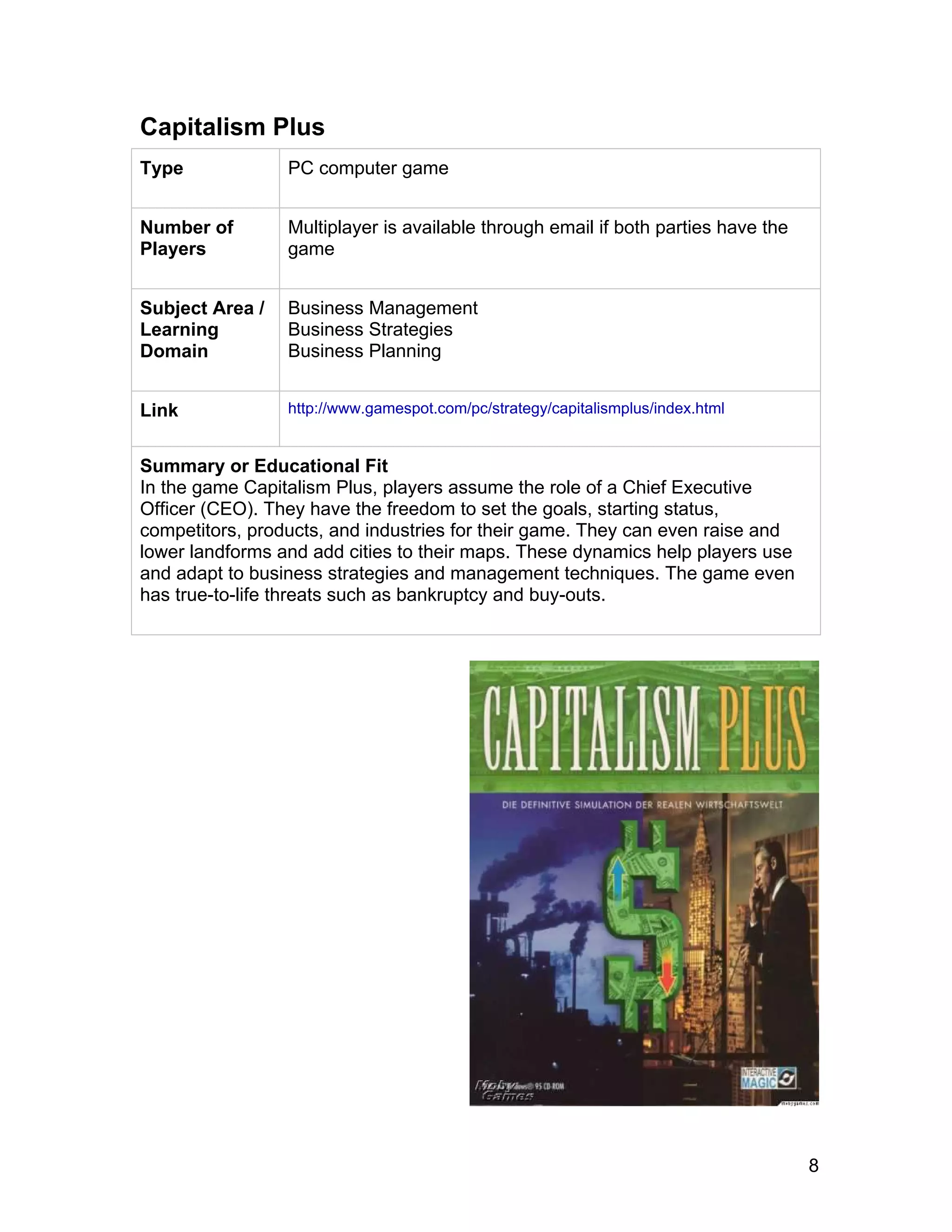 8
Capitalism Plus
Type PC computer game
Number of
Players
Multiplayer is available through email if both parties have the
game
Subject Area /
Learning
Domain
Business Management
Business Strategies
Business Planning
Link http://www.gamespot.com/pc/strategy/capitalismplus/index.html
Summary or Educational Fit
In the game Capitalism Plus, players assume the role of a Chief Executive
Officer (CEO). They have the freedom to set the goals, starting status,
competitors, products, and industries for their game. They can even raise and
lower landforms and add cities to their maps. These dynamics help players use
and adapt to business strategies and management techniques. The game even
has true-to-life threats such as bankruptcy and buy-outs.
 