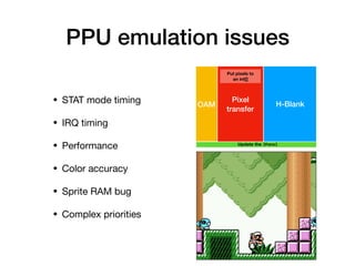 PPU emulation issues
• STAT mode timing

• IRQ timing

• Performance

• Color accuracy

• Sprite RAM bug

• Complex priorities
OAM
Pixel
transfer
H-Blank
Put pixels to
an int[]
Update the JPanel
 