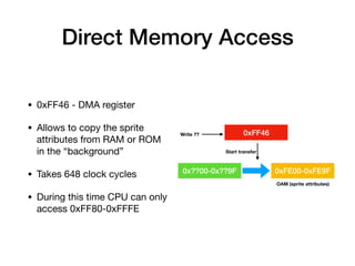 Direct Memory Access
• 0xFF46 - DMA register

• Allows to copy the sprite
attributes from RAM or ROM
in the “background”

• Takes 648 clock cycles

• During this time CPU can only
access 0xFF80-0xFFFE
0x??00-0x??9F 0xFE00-0xFE9F
0xFF46Write ??
Start transfer
OAM (sprite attributes)
 