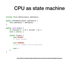 CPU as state machine
private	final	AddressSpace	addrSpace; 
 
public	CPU(AddressSpace	addrSpace)	{ 
				this.addrSpace	=	a...