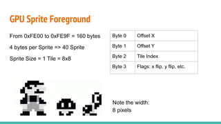 From 0xFE00 to 0xFE9F = 160 bytes
4 bytes per Sprite => 40 Sprite
Sprite Size = 1 Tile = 8x8
GPU Sprite Foreground
Byte 0 Offset X
Byte 1 Offset Y
Byte 2 Tile Index
Byte 3 Flags: x flip, y flip, etc.
Note the width:
8 pixels
 