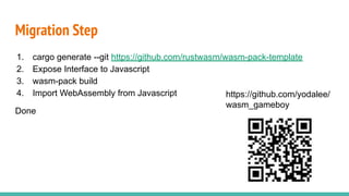 Migration Step
1. cargo generate --git https://github.com/rustwasm/wasm-pack-template
2. Expose Interface to Javascript
3. wasm-pack build
4. Import WebAssembly from Javascript
Done
https://github.com/yodalee/
wasm_gameboy
 