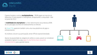 O gamer brasileiro continua multiplataforma - 78,6% jogam em mais de um
dispositivo. O mais popular é o smartphone, ultrapassando o computador – líder
no painel de 2013.
A mobilidade do smartphone é o fator determinante nessa liderança 80%
do uso para jogos acontece em deslocamentos no trânsito.
As Smart TVs aparecem também como uma nova plataforma de jogos e
entretenimento.
As mulheres crescem sua participação, tendo 47% de representatividade.
Apesar da popularidade da categoria em ambos os sexos, poucos se consideram
verdadeiros “gamers”, ou seja, jogar é uma forma mais casual de
entretenimento para a grande maioria.
CONCLUSÕES
Perfil
PÁG.
59
 