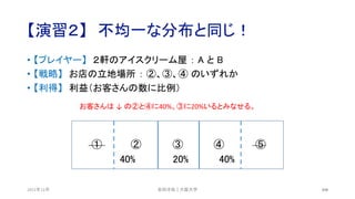 【演習２】 不均一な分布と同じ！
2021年12月 104
• 【プレイヤー】 ２軒のアイスクリーム屋 ： A と B
• 【戦略】 お店の立地場所 ： ②、③、④ のいずれか
• 【利得】 利益（お客さんの数に比例）
① ② ③ ④ ⑤
40% 20% 40%
安田洋祐｜大阪大学
お客さんは ↓ の②と④に40%、③に20%いるとみなせる。
 