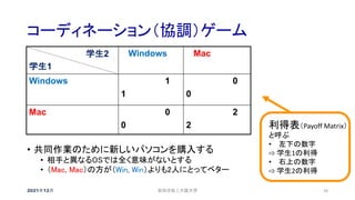 コーディネーション（協調）ゲーム
2021年12月 安田洋祐｜大阪大学 38
• 共同作業のために新しいパソコンを購入する
• 相手と異なるOSでは全く意味がないとする
• （Mac, Mac）の方が（Win, Win）よりも2人にとってベター
学生2
学生1
Windows Mac
Windows 1
1
0
0
Mac 0
0
2
2 利得表（Payoff Matrix）
と呼ぶ
• 左下の数字
⇨ 学生1の利得
• 右上の数字
⇨ 学生2の利得
 