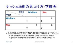 ナッシュ均衡の見つけ方：下線法1
2021年12月 安田洋祐｜大阪大学 43
• 各自が選べる大きい方の利得に下線を引いて行くと…
• どちらの利得にも下線が引かれている => ナッシュ均衡J
• それ以外の戦略の組み合わせ => ナッシュ均衡ではないL
学生2
学生1
Windows Mac
Windows 1
1
0
0
Mac 0
0
2
2
 