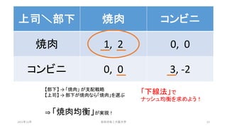 上司＼部下 焼肉 コンビニ
焼肉 1, 2 0, 0
コンビニ 0, 0 3, -2
【部下】 → 「焼肉」 が支配戦略
【上司】 → 部下が焼肉なら「焼肉」を選ぶ
⇒ 「焼肉均衡」が実現！
「下線法」で
ナッシュ均衡を求めよう！
2021年12月 安田洋祐｜大阪大学 53
 
