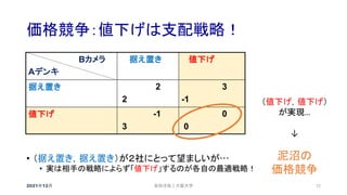 価格競争：値下げは支配戦略！
2021年12月 72
• （据え置き，据え置き）が２社にとって望ましいが…
• 実は相手の戦略によらず「値下げ」するのが各自の最適戦略！
Bカメラ
Aデンキ
据え置き 値下げ
据え置き 2
2
3
-1
値下げ -1
3
0
0
安田洋祐｜大阪大学
（値下げ，値下げ）
が実現…
↓
泥沼の
価格競争
 