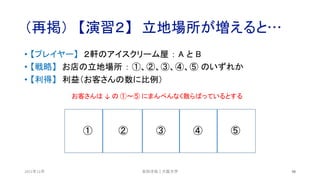 （再掲） 【演習２】 立地場所が増えると…
2021年12月 98
• 【プレイヤー】 ２軒のアイスクリーム屋 ： A と B
• 【戦略】 お店の立地場所 ： ①、②、③、④、⑤ のいずれか
• 【利得】 利益（お客さんの数に比例）
① ② ③ ④ ⑤
安田洋祐｜大阪大学
お客さんは ↓ の ①〜⑤ にまんべんなく散らばっているとする
 