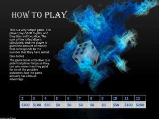 This is a very simple game. The
player pays $100 to play, and
they then roll two dice. The
sum of the rolled dice is
calculated, and the player is
given the amount of money
that corresponds to the
number that they have rolled.
(See table)
The game looks attractive to a
potential player because they
can win more than they paid
for six of the possible
outcomes, but the game
actually has a house
advantage.

 