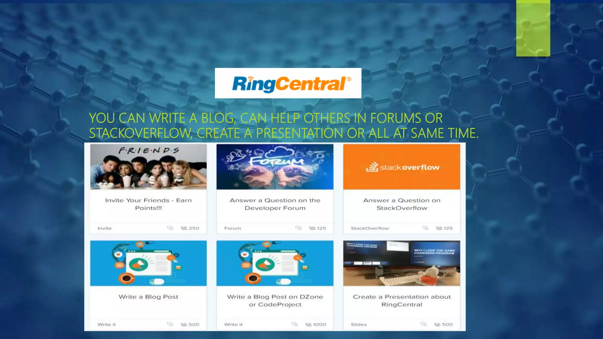 YOU CAN WRITE A BLOG, CAN HELP OTHERS IN FORUMS OR
STACKOVERFLOW, CREATE A PRESENTATION OR ALL AT SAME TIME.
 