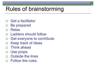 Rules of brainstorming
 Get a facilitator
 Be prepared
 Relax
 Ladders should follow
 Get everyone to contribute
 Keep track of ideas
 Think ahead
 Use props
 Outside the lines
 Follow the rules.
 