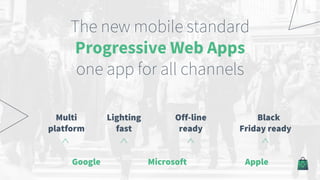 The new mobile standard
Progressive Web Apps
one app for all channels
Multi
platform
Lighting
fast
Off-line
ready
Black
Friday ready
Google Microsoft Apple
 