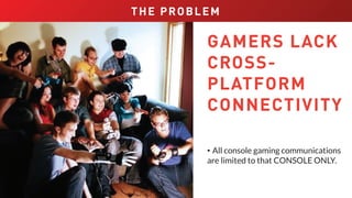 THE PROBLEM
GAMERS LACK
CROSS-
PLATFORM
CONNECTIVITY
HAVE FRIENDS ON MULTIPLE
PLATFORMS BUT THE’RE
ALL LOCKED AWAY!
• All console gaming communications
are limited to that CONSOLE ONLY.
 