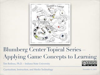 Blumberg Center Topical Series –
Applying Game Concepts to Learning
Tim Boileau, Ph.D. – Indiana State University
Curriculum, Instruction, and Media Technology

November 12, 2013

 