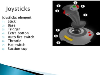Joysticks element
1) Stick
2) Base
3) Trigger
4) Extra botton
5) Auto fire switch
6) Throttle
7) Hat switch
8) Suction cup