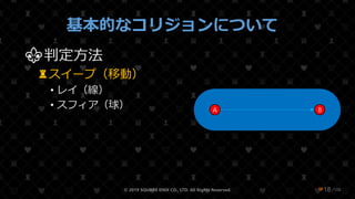 /108
基本的なコリジョンについて
⚜判定方法
♜スイープ（移動）
• レイ（線）
• スフィア（球）
© 2019 SQUARE ENIX CO., LTD. All Rights Reserved. ❤18
A B
 
