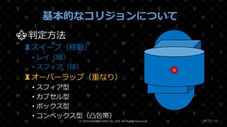/108
基本的なコリジョンについて
⚜判定方法
♜スイープ（移動）
• レイ（線）
• スフィア（球）
♜オーバーラップ（重なり）
• スフィア型
• カプセル型
• ボックス型
• コンベックス型（凸包帯）
© 2019 SQUARE ENIX CO., LTD. All Rights Reserved. ❤19
A
 