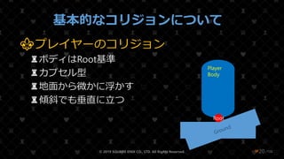/108
基本的なコリジョンについて
⚜プレイヤーのコリジョン
♜ボディはRoot基準
♜カプセル型
♜地面から微かに浮かす
♜傾斜でも垂直に立つ
© 2019 SQUARE ENIX CO., LTD. All Rights Reserved. ❤20
Ground
Player
Body
Root
 
