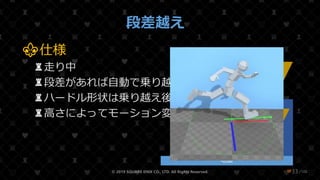 /108
段差越え
⚜仕様
♜走り中
♜段差があれば自動で乗り越える
♜ハードル形状は乗り越え後落下
♜高さによってモーション変更
© 2019 SQUARE ENIX CO., LTD. All Rights Reserved. ❤33
地面
段差
Root
Run
Root
Climbing
Root
Land
Root
Fall
 