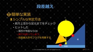 /108
段差越え
⚜簡単な実装
♜シンプルな判定方法
• 前方上空から足元までをチェック
• ヒットした
– 箇所が地面ならOK
– 坂でも拾ってしまう
– 段差越え許可フラグを用意する
© 2019 SQUARE ENIX CO., LTD. All Rights Reserved.
坂
❤37
地面
C
Root
Run
 