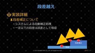 /108
段差越え
⚜実装詳細
♜段差補正について
• システムによる自動補正処理
• 一定以下の段差は誤差として吸収
© 2019 SQUARE ENIX CO., LTD. All Rights Reserved. ❤41
地面
段差補正
Root
Run
Root
Run
Root
Run
 