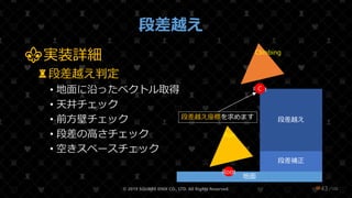 /108
段差越え
⚜実装詳細
♜段差越え判定
• 地面に沿ったベクトル取得
• 天井チェック
• 前方壁チェック
• 段差の高さチェック
• 空きスペースチェック
© 2019 SQUARE ENIX CO., LTD. All Rights Reserved. ❤43
地面
段差補正
段差越え
Root
Run
Root
Climbing
段差越え座標を求めます
C
 