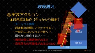 /108
段差越え
© 2019 SQUARE ENIX CO., LTD. All Rights Reserved. ❤53
地面
段差補正
段差越え
Root
Collision
C
Root
Coll-Off
Root
Coll-Off
Root
Coll-Off
Root
Collision
⚜実装アクション
♜段差越え動作【引っかかり解消】
• モーション依存
• 段差越え座標にアタッチする？
• 一時的にコリジョンを抜く？
• 滑らかに動作するが・・・
• 復帰の際に障害物があると
• 奈落落ちの可能性があるのでNG
 
