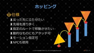 /108
ホッピング
⚜仕様
♜尖った先に立たせたい
♜先端を渡り歩く
♜指定のルートで移動させたい
♜動的なものにもアタッチ可
♜モーション指定可
♜NPCも使用
© 2019 SQUARE ENIX CO., LTD. All Rights Reserved. ❤58
Root
Run
Root
Hop
Root
Hop
Root
Hop
 