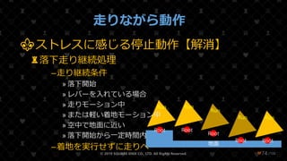 /108
走りながら動作
© 2019 SQUARE ENIX CO., LTD. All Rights Reserved. ❤74
地面
Root
Run
Root
Run
Root
Run
Root
Run
Root
Run
⚜ストレスに感じる停止動作【解消】
♜落下走り継続処理
–走り継続条件
» 落下開始
» レバーを入れている場合
» 走りモーション中
» または軽い着地モーション中
» 空中で地面に近い
» 落下開始から一定時間内
–着地を実行せずに走りへ
 