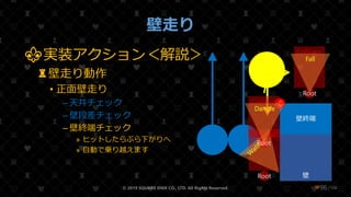 /108
壁走り
⚜実装アクション＜解説＞
♜壁走り動作
• 正面壁走り
– 天井チェック
– 壁段差チェック
– 壁終端チェック
» ヒットしたらぶら下がりへ
» 自動で乗り越えます
© 2019 SQUARE ENIX CO., LTD. All Rights Reserved. ❤96
壁
Collision
Root
壁終端
CCollision
Root
Dangle
Collision
Root
Fall
 