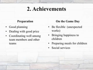 2. Achievements
Preparation
• Good planning
• Dealing with good price
• Coordinating well among
team members and other
teams
On the Game Day
• Be flexible (unexpected
works)
• Bringing happiness to
children
• Preparing meals for children
• Social services
 