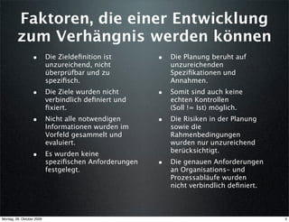Faktoren, die einer Entwicklung
         zum Verhängnis werden können
                  • Die Zieldeﬁnition ist              • Die Planung beruht auf
                           unzureichend, nicht            unzureichenden
                           überprüfbar und zu             Speziﬁkationen und
                           speziﬁsch.                     Annahmen.
                  • Die Ziele wurden nicht             • Somit sind auch keine
                           verbindlich deﬁniert und       echten Kontrollen
                           ﬁxiert.                        (Soll != Ist) möglich.
                  • Nicht alle notwendigen             • Die Risiken in der Planung
                           Informationen wurden im        sowie die
                           Vorfeld gesammelt und          Rahmenbedingungen
                           evaluiert.                     wurden nur unzureichend
                                                          berücksichtigt.
                  • Es wurden keine
                           speziﬁschen Anforderungen   • Die genauen Anforderungen
                           festgelegt.                    an Organisations- und
                                                          Prozessabläufe wurden
                                                          nicht verbindlich deﬁniert.



Montag, 26. Oktober 2009                                                                3
 