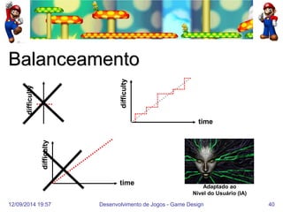 12/09/2014 19:57 
Desenvolvimento de Jogos - Game Design 
40 
Balanceamento 
difficulty 
time 
difficulty 
time 
difficulty 
Adaptado ao Nível do Usuário (IA)  