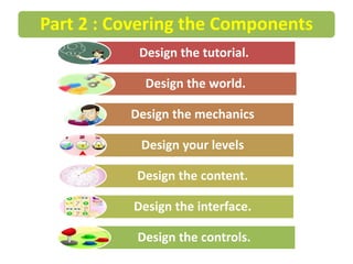 Part 2 : Covering the Components
Design the tutorial.
Design the world.
Design the mechanics
Design your levels
Design the content.
Design the interface.
Design the controls.
 