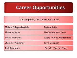 Career Opportunities
On completing this course, you can be:
3D Low Polygon Modeler Texture Artist
3D Game Artist 3D Environment Artist
Effects Animator Audio / Video Programmer
Character Animator Level Designer
Tool Developer Particle / Special Effects
 