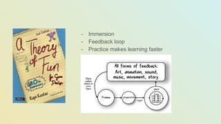 - Immersion
- Feedback loop
- Practice makes learning faster
 