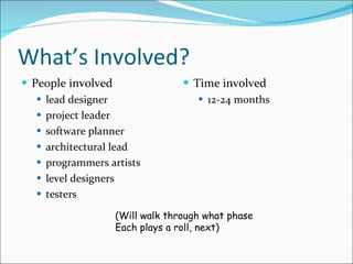 What’s Involved? People involved lead designer project leader software planner architectural lead programmers artists level designers testers  Time involved 12-24 months (Will walk through what phase Each plays a roll, next) 