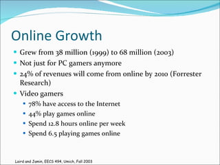Online Growth Grew from 38 million (1999) to 68 million (2003) Not just for PC gamers anymore 24% of revenues will come from online by 2010 (Forrester Research) Video gamers 78% have access to the Internet 44% play games online Spend 12.8 hours online per week Spend 6.5 playing games online Laird and Jamin, EECS 494, Umich, Fall 2003 