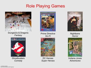 Role Playing Games




                   Dungeons & Dragons              Prime Directive    Nightbane
                        Fantasy                        Sci-Fi           Horror




                              Ghostbusters           DC Heroes       Indiana Jones
                                Comedy              Super Heroes       Adventures

(c) 2012 Ben SALEM
(p) 2012 Ben SALEM for MDI Programme
 