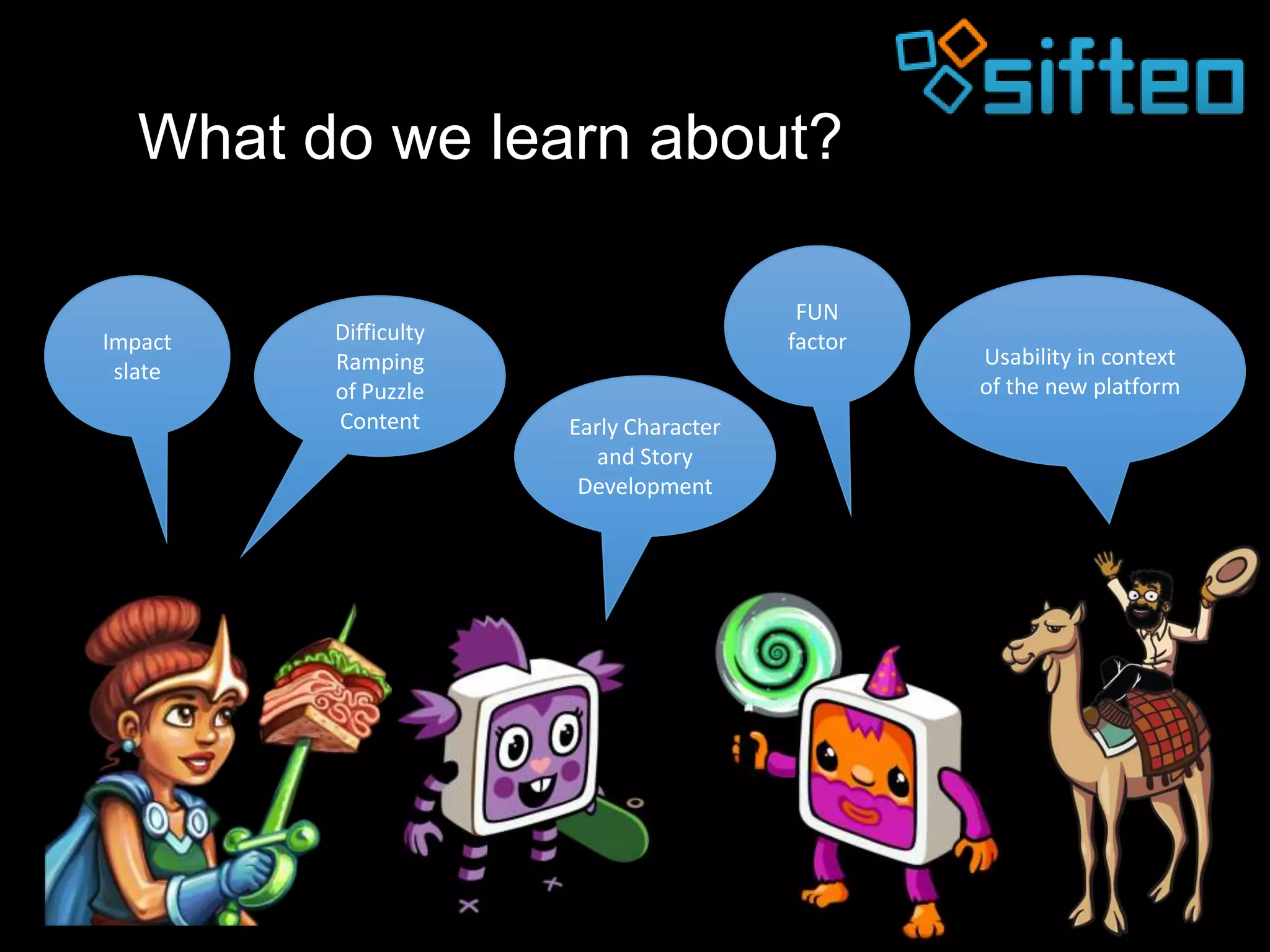 What do we learn about?

                                         FUN
Impact   Difficulty                     factor
         Ramping                                 Usability in context
 slate
         of Puzzle                               of the new platform
         Content      Early Character
                         and Story
                       Development
 