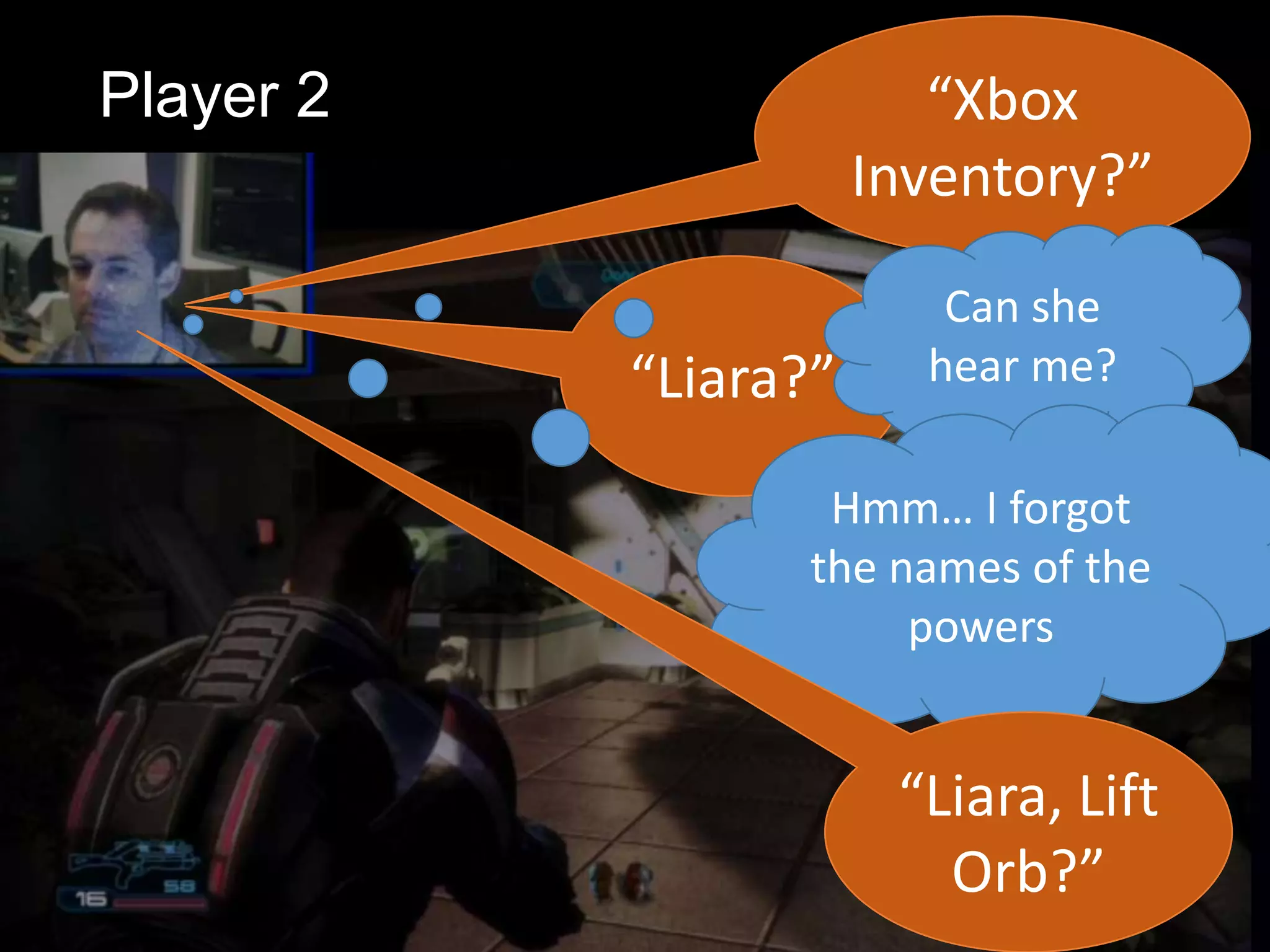 Player 2                 “Xbox
                      Inventory?”
                         Can she
           “Liara?”     hear me?

                  Hmm… I forgot
                 the names of the
                      powers


                       “Liara, Lift
                         Orb?”
 
