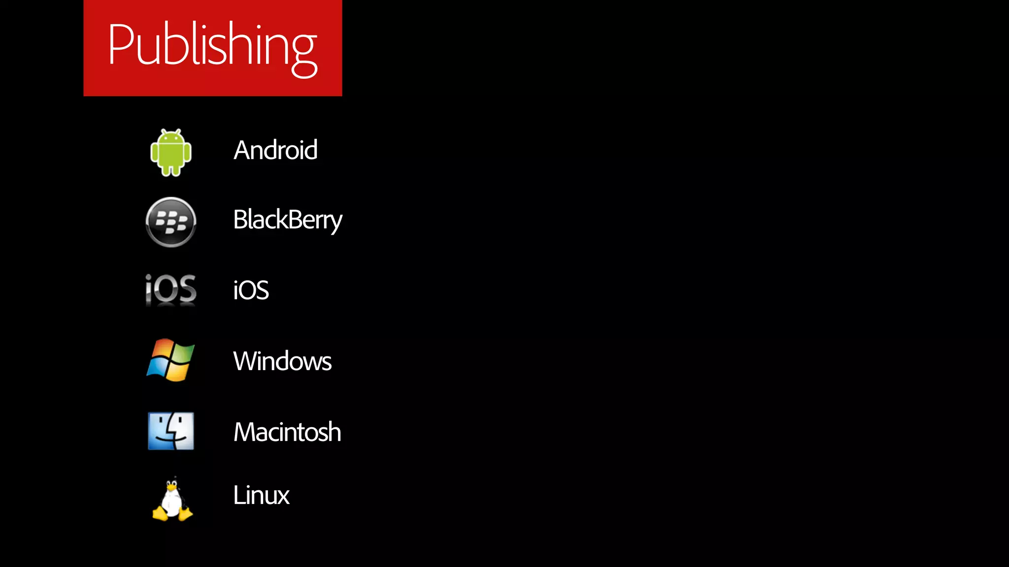 Publishing
     Android

     BlackBerry

     iOS

     Windows

     Macintosh

     Linux
 