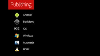 Publishing
     Android

     BlackBerry

     iOS

     Windows

     Macintosh

     Linux
 