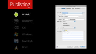 Publishing
     Android

     BlackBerry

     iOS

     Windows

     Macintosh

     Linux
 