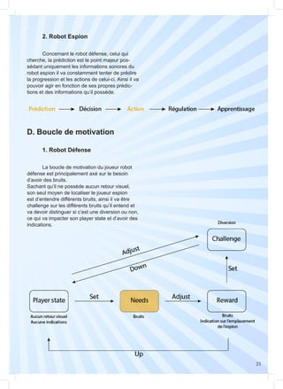 25
	 2. Robot Espion
D. Boucle de motivation
	 1. Robot Défense
	
	 Concernant le robot défense, celui qui
cherche, la prédiction est le point majeur pos-
sédant uniquement les informations sonores du
robot espion il va constamment tenter de prédire
la progression et les actions de celui-ci. Ainsi il va
pouvoir agir en fonction de ses propres prédic-
tions et des informations qu’il possède.
	
	 La boucle de motivation du joueur robot
défense est principalement axé sur le besoin
d’avoir des bruits.
Sachant qu’il ne possède aucun retour visuel,
son seul moyen de localiser le joueur espion
est d’entendre différents bruits, ainsi il va être
challenge sur les différents bruits qu’il entend et
va devoir distinguer si c’est une diversion ou non,
ce qui va impacter son player state et d’avoir des
indications.	
 
